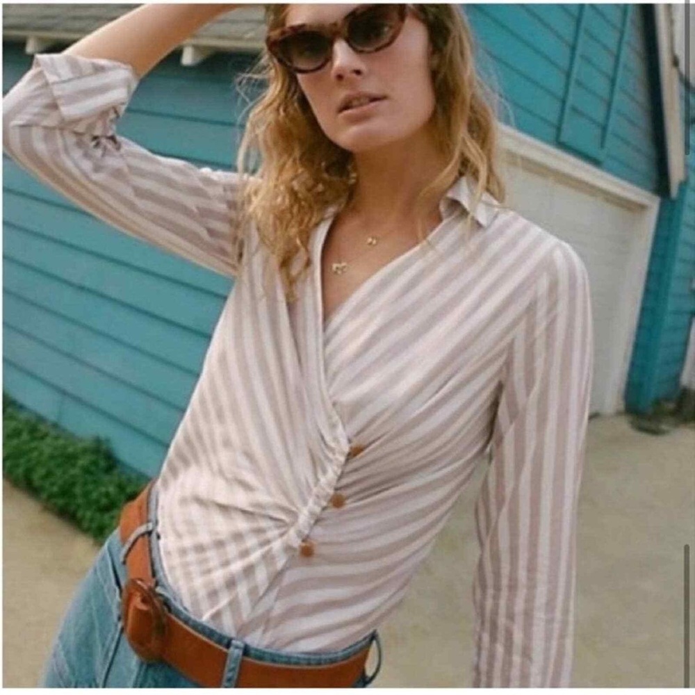 Anthropologie Beige and White Striped Blouse